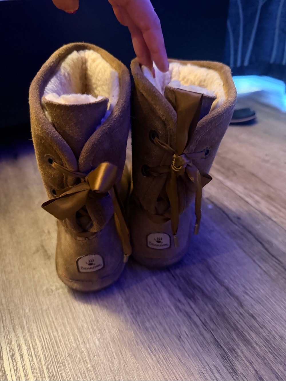 BearPaw Girls' Tan Faux-Suede Winter Boots with Cream Plush Lining